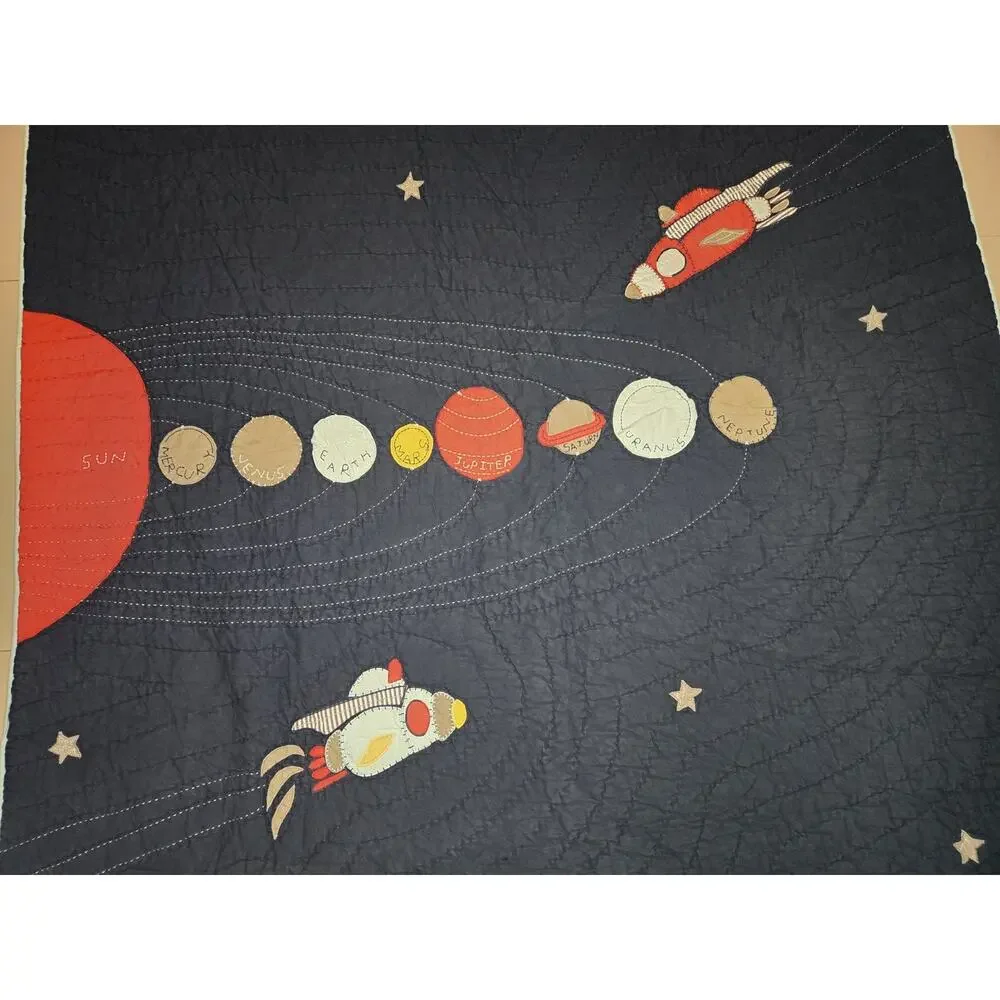 Pottery Barn Kids Space Rocket Planets Twin Quilt Blue Solar System 86” X 68”